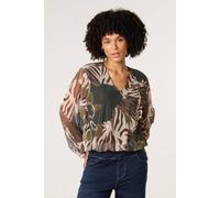 Blue Vanilla Women's Khaki Printed Mesh V Neck Puffball Top | Size: S/M Blue Vanilla Khaki S/M