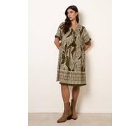 Blue Vanilla Dress With Tropical Leaf Print - S-M - Khaki