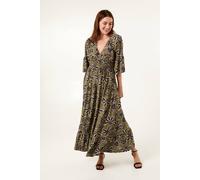 Blue Vanilla Women's Khaki Tropical Print Shirred Waist Maxi Dress | Size: S/M Blue Vanilla Khaki S/M