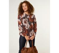 Blue Vanilla Large Watercolour Floral Cowl Neck Puffball Blouse - S-M - Brown