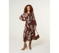 Blue Vanilla Large Watercolour Floral Scoop Neck Puffball Pleated Dress - L - Brown