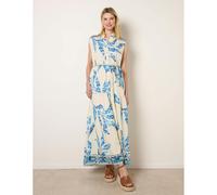 Blue Vanilla Leaf Print Collarless Shirt Dress With Belted Waist - M-L - Blue