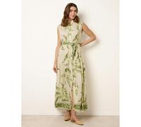 Blue Vanilla Leaf Print Collarless Shirt Dress With Belted Waist - M-L - Green
