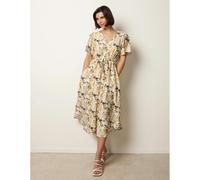 Blue Vanilla Leaf Print Tie Waist Shirt Midi Dress - M-L - Light Brown