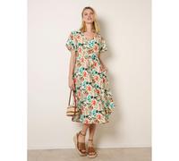 Blue Vanilla Leaf Print Tie Waist Shirt Midi Dress - M-L - Light Brown