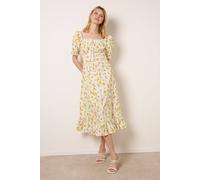 Blue Vanilla Ditsy Floral Poplin Milkmaid Midi Dress - S - Light Yellow