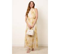 Blue Vanilla Floral Print Halter Neck Occasion Dress - L - Light Yellow