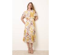 Blue Vanilla Pleated Scoop Neck Short Sleeve Floral Dress - S - Light Yellow