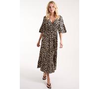 Blue Vanilla Leopard Print Elasticated Neck Shirred Waist Midi Dress In Cream Cream S