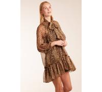 Blue Vanilla Leopard Print Pussy Bow Frill Shirt Dress In Brown Brown