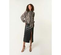 Blue Vanilla Leopard Print Tie Neck Puffball Top - L - Brown