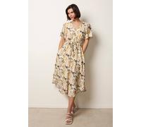 Blue Vanilla Leaf Print Tie Waist Shirt Midi Dress - S-M - Light Brown