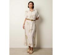Blue Vanilla Women's Off White Linen Belted Dress With Feather Embroidery in Cream | Size: Large Blue Vanilla Cream L