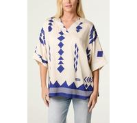 Blue Vanilla Linen Geometric Print Top - M-L - Light Brown