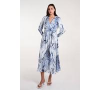 Blue Vanilla Watercolour Wrap Front Belted Midi Dress - L - Blue