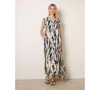 Blue Vanilla Metallic Abstract Printed Collarless V Neck Dress - S-M - Blue