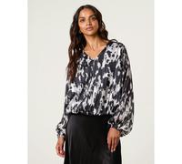 Blue Vanilla Metallic V Neck Bubble Hem Blouse - S - Black