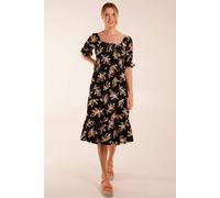 Blue Vanilla Milkmaid Tiered Puff Sleeve Abstract Print Shirred Midi Dress In Black Black S