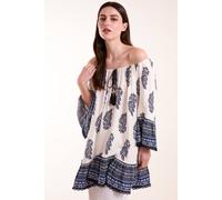 Blue Vanilla Mix Print Bardot With Tassel Dress Blue S/M