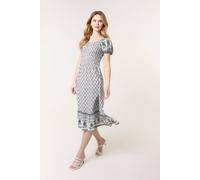 Blue Vanilla Women's Navy Border Print Puff Sleeve Midi Dress | Size: XL Blue Vanilla Navy XL