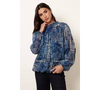 Blue Vanilla High Neck Paisley Print Puffball Top - S - Navy