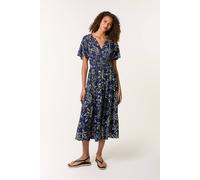 Blue Vanilla Navy Notch Neck Elastic Tropical Print Dress Navy