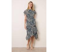 Blue Vanilla Paisley Print Angel Sleeve Asymmetric Midi Dress - UK 16 - Navy