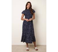 Blue Vanilla Women's Navy Polka Dot Shirred Frill Neck Midi Dress | Size: XL Blue Vanilla Navy XL