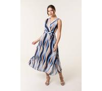 Blue Vanilla Navy Squiggle Print Sleeveless Wrap Pleat Dress Navy