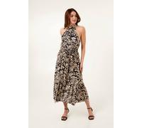 Blue Vanilla Women's Navy Tropical Print Halter Neck Belted Waist Midi Dress | Size: Large Blue Vanilla Navy L