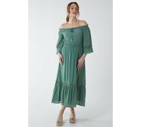 Blue Vanilla Off Shoulder Elasticated Lace Insert Midi Dress In Light Khaki Light Khaki