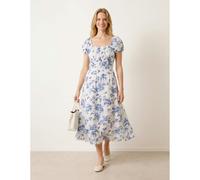Blue Vanilla Off The Shoulder Puff Sleeve Shirred Print Dress - XL - Blue