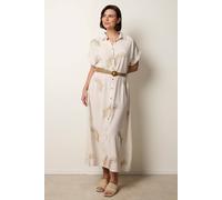 Blue Vanilla Linen Belted Dress With Feather Embroidery - M - Cream