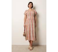 Blue Vanilla Short Sleeve Shirred Waist Abstract Print Dress - L - Orange