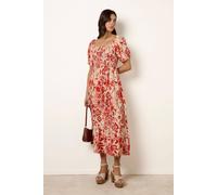Blue Vanilla Watercolour Floral Shirred Puff Sleeve Midi Dress - M - Orange