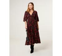 Blue Vanilla Paisley Shirred Waist V Neck Midi Dress - M-L - Black