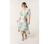 Blue Vanilla Pale Green Watercolour Floral Printed Wrap Front Pleated Dress Pale Green S