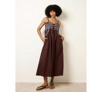Blue Vanilla Palm Tree Embroidery Smock Dress - L - Brown