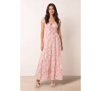 Blue Vanilla Pink Double Front Tie Shirred Ditsy Floral Maxi Dress Pink