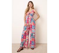 Blue Vanilla Tie Front Jumpsuit In Postcard Print - M - Pink