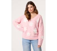 Blue Vanilla Women's Pink V Neck Flower & Pearl Jumper | Size: S/M Blue Vanilla Pink S/M