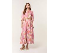 Blue Vanilla Pink Watercolour Linen Like Woven Belted Tiered Dress Pink M/L