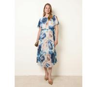 Blue Vanilla Pleated Scoop Neck Short Sleeve Floral Dress - L - Blue