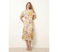 Blue Vanilla Pleated Scoop Neck Short Sleeve Floral Dress - S - Light Yellow