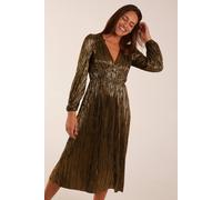 Blue Vanilla Plisse V Neck Elasticated Midi Dress In Gold Gold 10