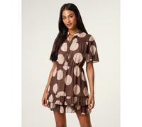 Blue Vanilla Polka Dot Button Up Double Frill Short Sleeve Dress - L - Brown