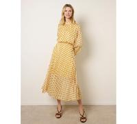 Blue Vanilla Polka Dot Cowl Neck Pleated Long Sleeve Dress - M - Yellow