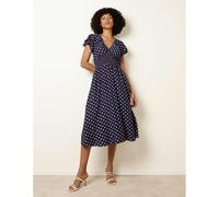 Blue Vanilla Polka Dot Elastic V Neck Midi Dress - M-L - Navy