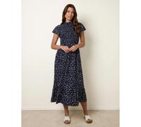 Blue Vanilla Women's Navy Polka Dot Shirred Frill Neck Midi Dress | Size: Large Blue Vanilla Navy L