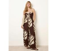 Blue Vanilla Printed Bandeau Tie Neck Shirred Jumpsuit - S-M - Brown